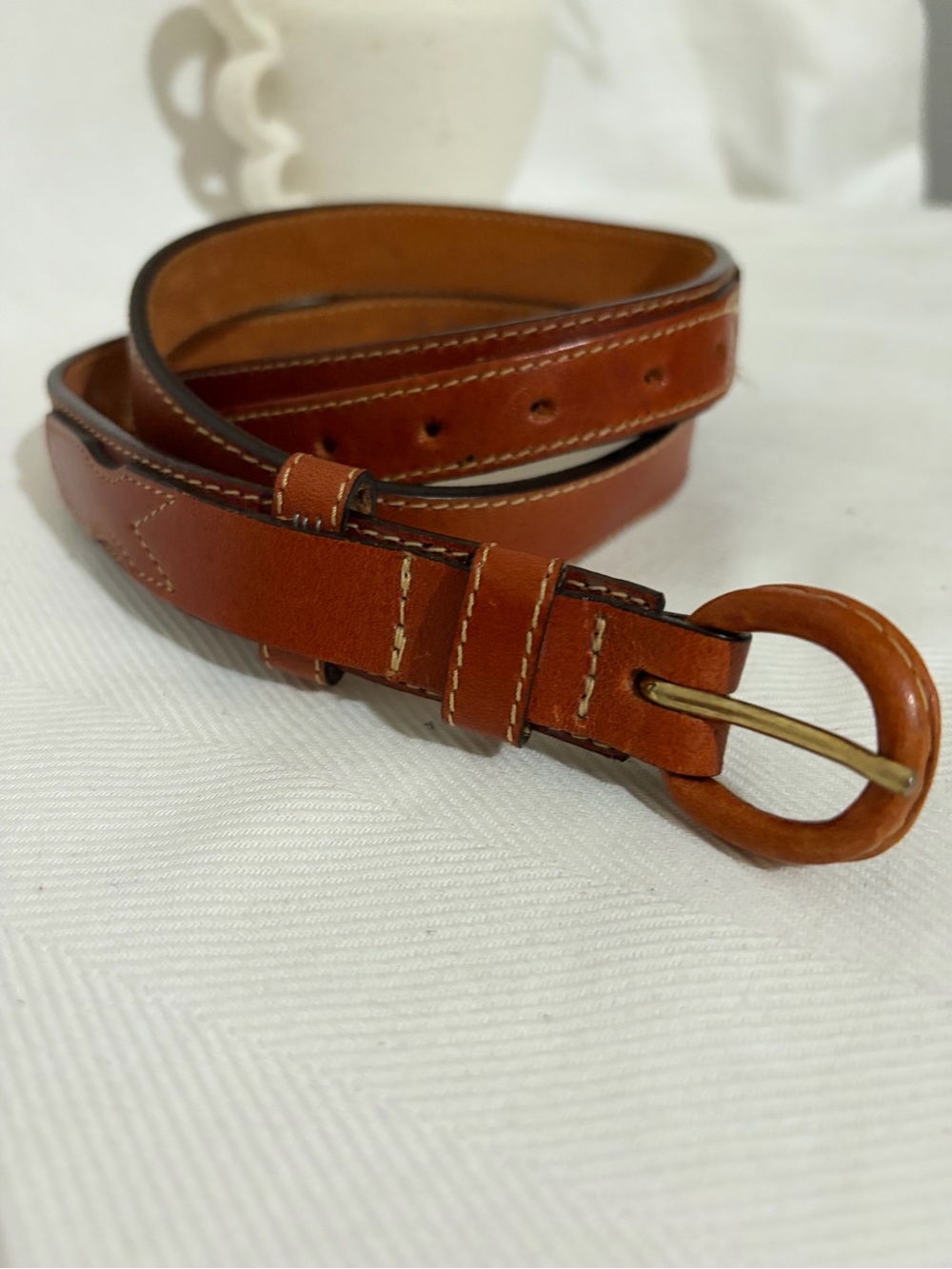 VTG Jordache Cognac Smooth Double Strap Belt Leather USA 32 Western